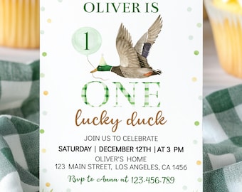EDITABLE One Lucky Duck Birthday Invitation, Mallard Duck Birthday Invitation, Green Duck 1st Birthday Card, Printable Template. L007