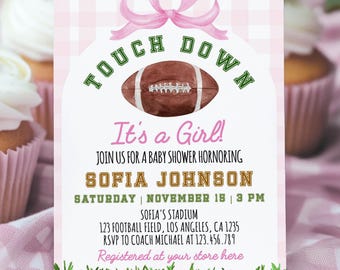 Pink Bow Baby Shower Invitation, Girl Football Baby Shower Evite and Printable Invite, Editable Sports Theme Template. F009