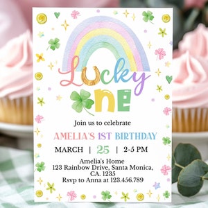 Invitación de cumpleaños editable para el primer cumpleaños de una niña, invitación para el primer cumpleaños de una niña afortunada, tarjeta de cumpleaños imprimible. L008