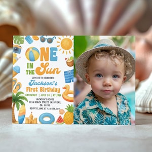 Editable One in the Sun 1st Birthday Invitation, Summer Beach Theme Invite, Tropical Pool Party Invitation, Printable Template. S024