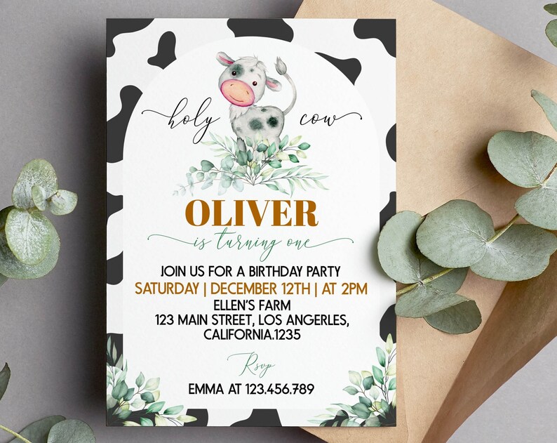 EDITABLE Holy Cow Im One Invitation Cow 1st Birthday Invitation Holy Cow Invitation Farm Birthday Party Invite Printable