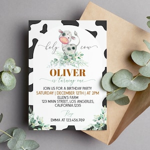 EDITABLE Holy Cow I&#39;m One Invitation, Cow 1st Birthday Invitation, Holy Cow Invitation, Farm Birthday Party Invite, Printable Template. C004