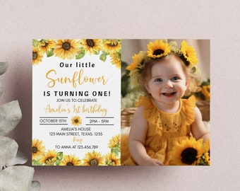 Bearbeitbare Sonnenblumen-Geburtstags-Einladung, Mädchen-Sonnenblume 1. Geburtstag einladen, Boho-Blumen-Geburtstags-Einladungsvorlage, sofortiger Download. S014