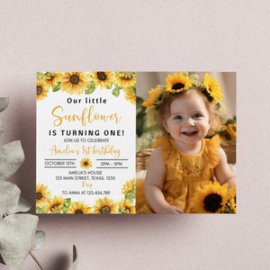 Bearbeitbare Sonnenblumen-Geburtstags-Einladung, Mädchen-Sonnenblume 1. Geburtstag einladen, Boho-Blumen-Geburtstags-Einladungsvorlage, sofortiger Download. S014