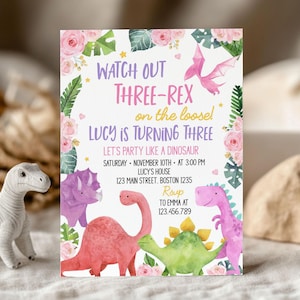 EDITABLE Dinosaur Birthday Invitation Girl, Three Rex Invitation, Dinosaur Invitation, Three-Rex Birthday Invite, Printable Template D006