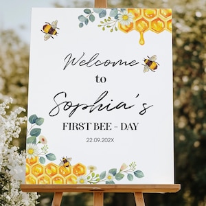 Letrero de bienvenida para cumpleaños de abejas, decoración para el primer día de las abejas, letrero de bienvenida para abejas, letrero para baby shower con abejas, plantilla imprimible, descarga instantánea. B002