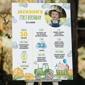 EDITIERBARE Traktor-Meilensteintafel, grüner Traktor 1. Geburtstag-Meilensteinplakat, Bauernhof-Geburtstags-Meilensteinschild, sofortiger Download T003