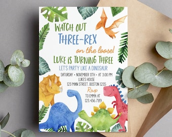 EDITABLE Dinosaur Birthday Invitation, Three Rex Invitation, Dinosaur Invitation, Dinosaur Invite, Three-Rex Birthday, Instant Download D006