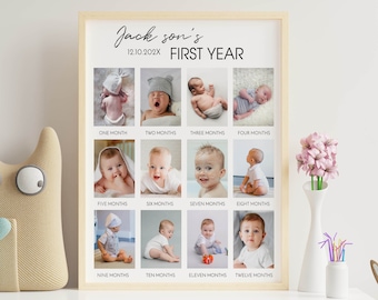 Editable First Year Photo Collage, Baby First Year Poster, 12 Months Picture Print, Modern 1st Birthday Photo Frame, Printable Template M004