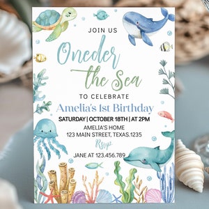 EDITABLE Under The Sea Birthday Invitation , Oneder The Sea First Birthday Invite, Ocean Animals Birthday Party, Printable Template. O009