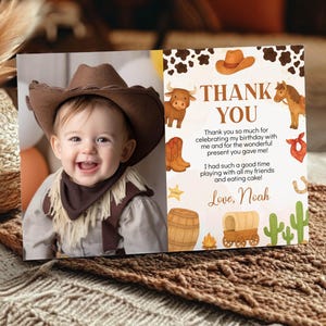 Rodeo Birthday Thank You Card, Cowboy Birthday Photo Thank You Card, My First Rodeo Birthday Favor Card, Editable & Printable Template. C015