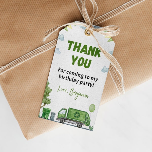 EDITABLE Garbage Truck Birthday Thank You Tag, Trash Truck Birthday Party Favor Tag, Garbage Truck Gift Tag, Summer Party Decoration. T007