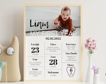 EDITABLE First Birthday Milestone Sign, Modern 1st Birthday Milestone Poster, One Year Photo Baby Milestone Board, Printable Template. #M004