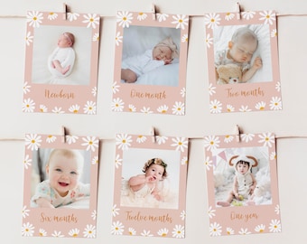 Editable First Year Photo Banner, 12 Months Photo Print, Daisy First Birthday Decor, Baby&#39;s First Year Photos, Customizable Template. #D003