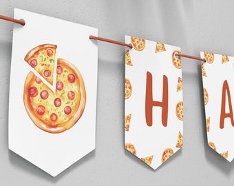 Redigerbar pizzafödelsedagsbanderoll, pizzafest, grattis på födelsedagen, pizzafödelsedagsfestdekoration, utskrivbar mall. P013