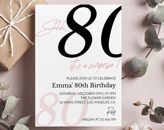 Shhh It's A Surprise Invitation, 80th Birthday Invitation For Women, Adult Birthday Invite, Surprise Birthday Invite, Editable Template M004