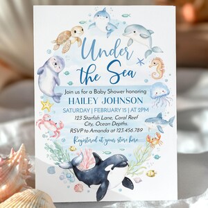 Unter Dem Meer-Babyparty-Einladung, Ozean-Babyparty-Einladung, Niedliche Ozean-Tiere-Babyparty-Einladung, druckbare Vorlage. O013