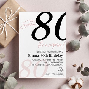 Shhh It&#39;s A Surprise Invitation, 80th Birthday Invitation For Women, Adult Birthday Invite, Surprise Birthday Invite, Editable Template M004