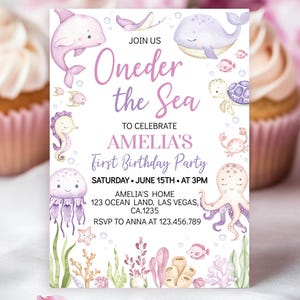 Oneder The Sea Invitation, Under The Sea Birthday Invitation, Cute Ocean 1st Birthday Party Invitation, Editable Printable Template. O015