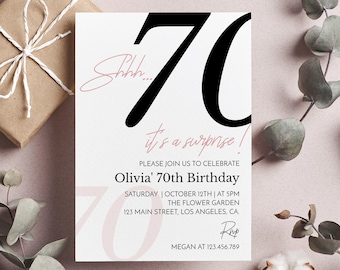 Shhh It&#39;s A Surprise Invitation, 70th Birthday Invitation For Women, Adult Birthday Invite, Surprise Birthday Invite, Editable Template M004