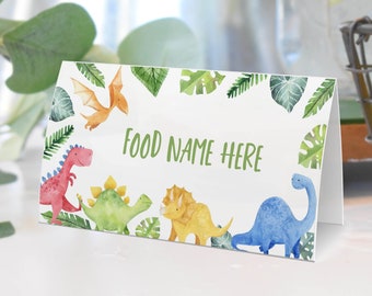 Tente de table de fête d'anniversaire de dinosaure modifiable, carte d'étiquette de nourriture de douche de bébé de dinosaure, cartes de place de décor de fête de dinosaure, modèle imprimable D006