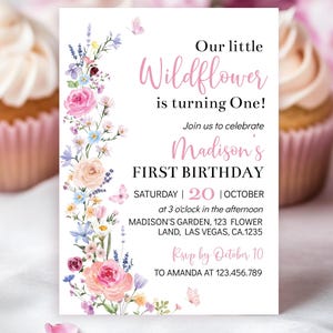 Editable Wildflower Birthday Invitation, Floral 1st Birthday Invite, Wild Flowers Any Age Birthday Party Invite, Printable Template. W019