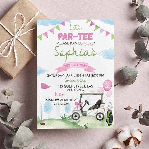 Editable Golf Party Invitation, Golf Second Birthday Invitation, Girls Sports Birthday Invite, Golf Party, Printable Template. G001