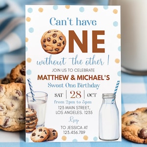 EDITABLE Twins First Birthday Invitation, Milk and Cookies First Birthday Invitation, One Sweet Cookie Printable Template. C010