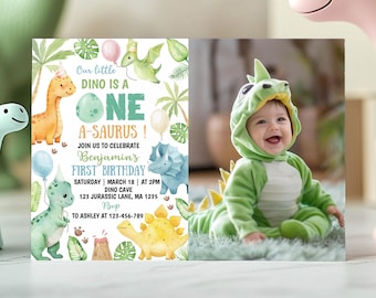 Invitación para el primer cumpleaños de dinosaurio, invitación con foto para fiesta de dinosaurios, invitación de cumpleaños de Oneasaurus, plantilla de invitación editable. D016