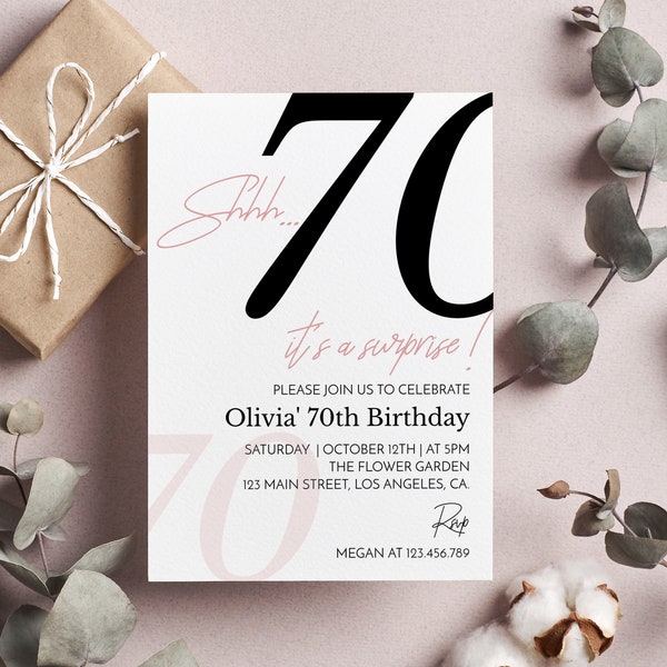 Shhh It's A Surprise Invitation, 70th Birthday Invitation For Women, Adult Birthday Invite, Surprise Birthday Invite, Editable Template M004