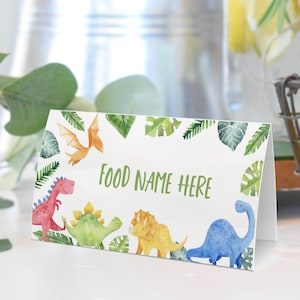 EDYTOWALNY namiot na przyjęcie urodzinowe z dinozaurem, etykieta na jedzenie na baby shower z dinozaurem, karty miejsc na przyjęcie z dinozaurem, szablon do druku D006