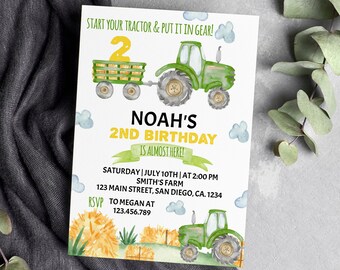 EDITABLE Tractor Birthday Invitation, Green Tractor Invitation, Boy 2nd Birthday Invite, Farm Birthday Invitation, Instant Download. #T003