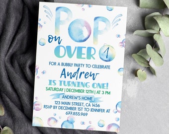 EDITABLE Bubble Birthday Invitation, Bubble Birthday Party Invitation, Pop On Over Birthday Invitation, Bubble Invite, Instant Download B007