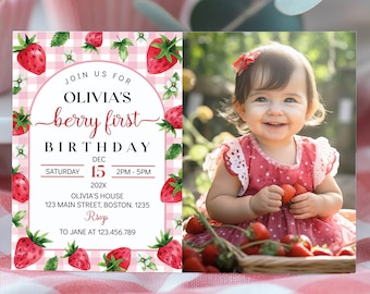 Invitación editable para primer cumpleaños con fresas, bayas, foto de cumpleaños con dulces bayas, descarga instantánea. B014