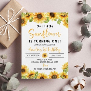 Bearbeitbare Sonnenblumen-Geburtstags-Einladung, Mädchen-Sonnenblume 1. Geburtstag einladen, Boho-Blumen-Geburtstags-Einladungsvorlage, sofortiger Download. S014