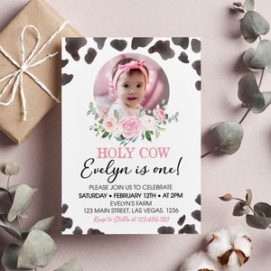 Holy Cow I&#39;m One Invitation, Cow First Birthday Invitation, Modern Cow Print Invitation, Farm Girl Birthday Party, Printable Template. C009