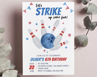 Bowling Party Invitation, Bowling Birthday Invitation, Boy Bowling Invite, Strike Up Some Fun, Printable Template, Instant Download. B008