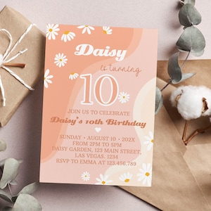 Editable Daisy Birthday Party Invitation, Daisy Birthday Invite, Boho Floral Theme, Retro Girl Party Invite, Any Age, Instant Download. D003