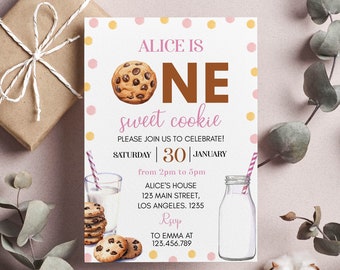 EDITABLE Milk and Cookies First Birthday Invitation, Girl 1st Birthday Party, One Sweet Cookie Printable Birthday Card. C010