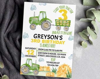 EDITABLE Tractor Birthday Invitation, Green Tractor Invitation, Boy 3rd Birthday Invite, Farm Birthday Invitation, Printable Template. #T003