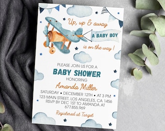 Editable Airplane Baby Shower Invitation, Up Up And Away, Boy Baby Shower Invite, Travel Baby Shower Invitation, Instant Download. #A001