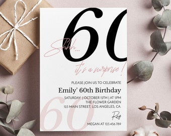 Shhh es una invitación sorpresa, invitación de cumpleaños número 60 para mujeres, invitación de cumpleaños para adultos, invitación de cumpleaños sorpresa, plantilla editable M004