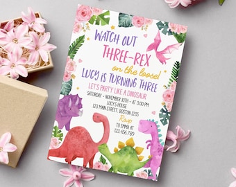 EDITABLE Dinosaur Birthday Invitation Girl, Three Rex Invitation, Dinosaur Invitation, Three-Rex Birthday Invite, Printable Template D006