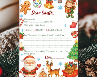 Brief aan de Kerstman, printbare kerstwensenlijst, lieve Kerstmanbrief voor kinderen, kerstactiviteit voor de feestdagen, digitale sjabloon.