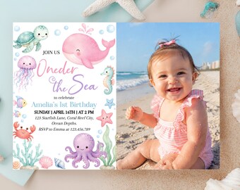 Oneder The Sea Invitation, Under The Sea Birthday Invitation, Cute Ocean Birthday Party Photo Invitation, Editable Printable Template. O014