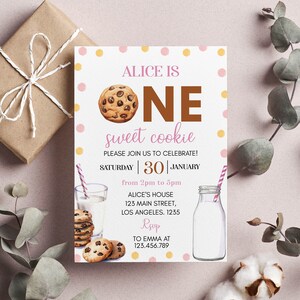 EDITABLE Milk and Cookies First Birthday Invitation, Girl 1st Birthday Party, One Sweet Cookie Printable Birthday Card. C010 image 1