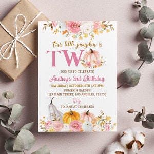 EDITABLE Our Little Pumpkin Is Turning Two Invitation, Girl 1st Birthday Invite, Pumpkin 2nd Birthday Invitation, Printable Invite. P015