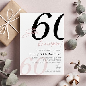 Shhh It's A Surprise Invitation, 60th Birthday Invitation For Women, Adult Birthday Invite, Surprise Birthday Invite, Editable Template M004