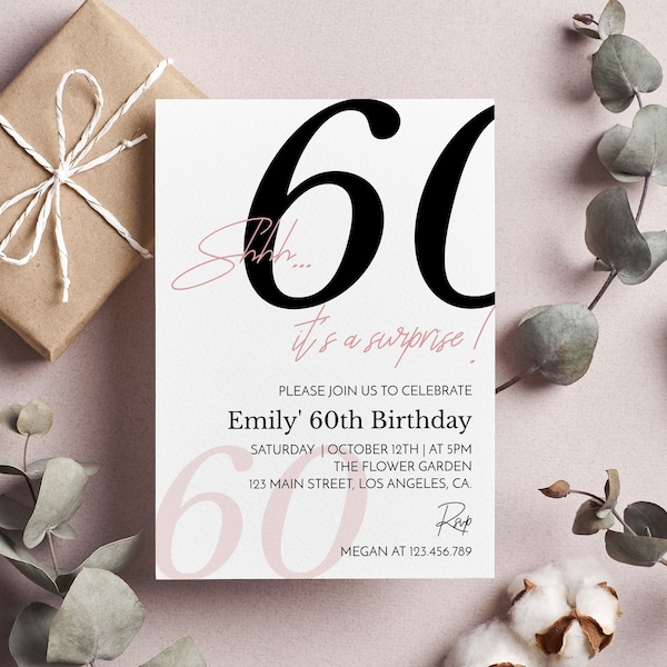 Shhh It's A Surprise Invitation, 60th Birthday Invitation For Women, Adult Birthday Invite, Surprise Birthday Invite, Editable Template M004