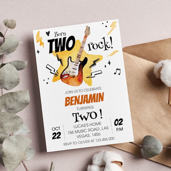 EDITABLE Born Two Rock Birthday Invitation, Rock And Roll 2nd Birthday Invitation, Rock Star Party Invite, Instant Download. R008